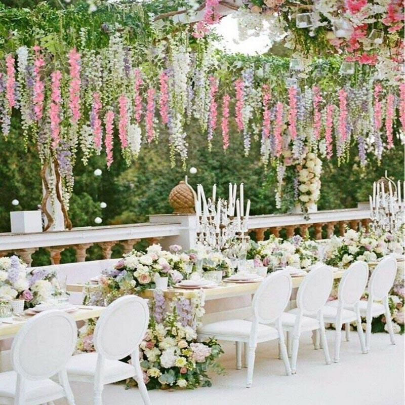 Artificial Flowers & Plants: 12X Artificial Silk Fake Flower Garland Vine Wisteria Leaf Hanging Wedding Decor - White