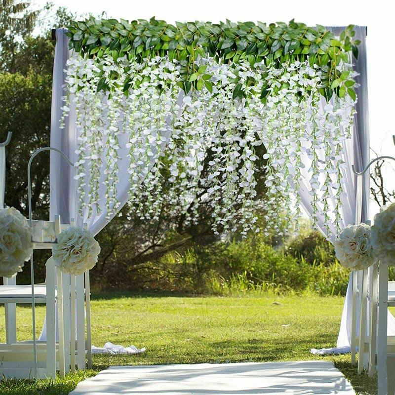 Artificial Flowers & Plants: 12X Artificial Silk Fake Flower Garland Vine Wisteria Leaf Hanging Wedding Decor - White