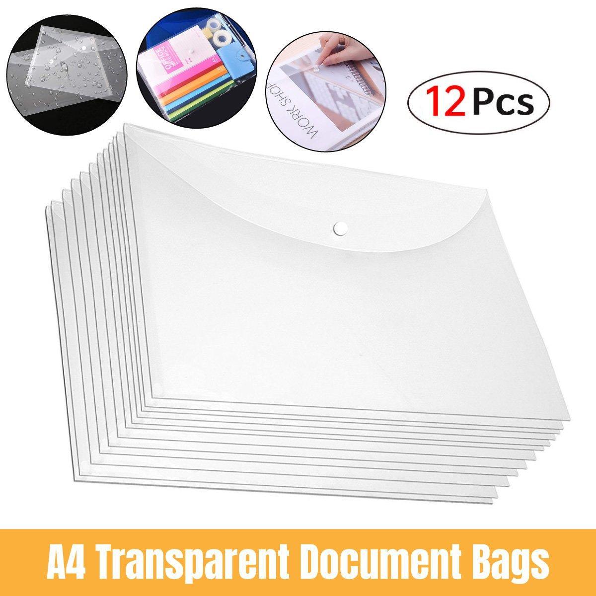 Office Supplies: 12pcs A4 Plastic File Bag Translucent Document Storage Pouch with Button Closure