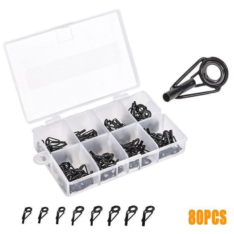 Fishing Tackle: 80 Fishing Rod Guide Set Tackle Tips Repair Kits Ring 8 Size Stainless Steel Box