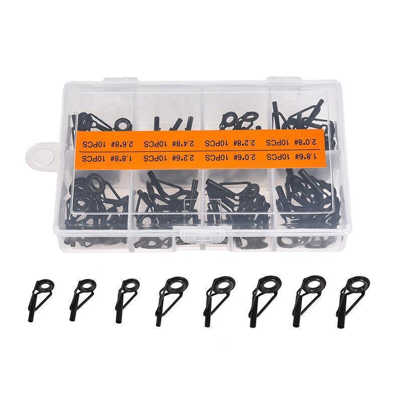 Fishing Tackle: 80 Fishing Rod Guide Set Tackle Tips Repair Kits Ring 8 Size Stainless Steel Box
