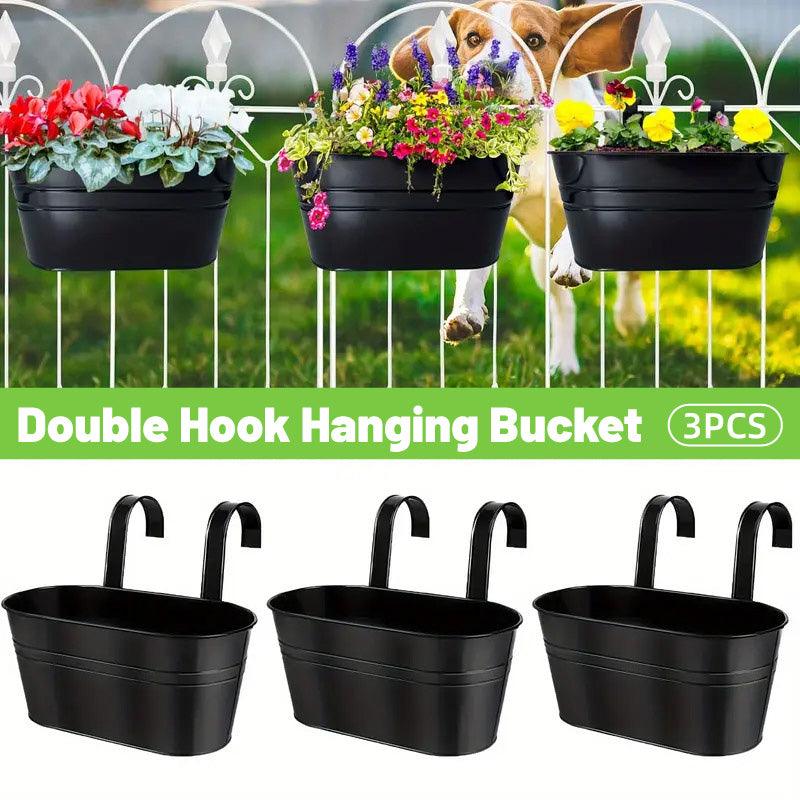 Garden Beds & Planters: 3pcs Double Hooks Hanging Planter Basket for Balcony Fence Outdoor Garden Pots