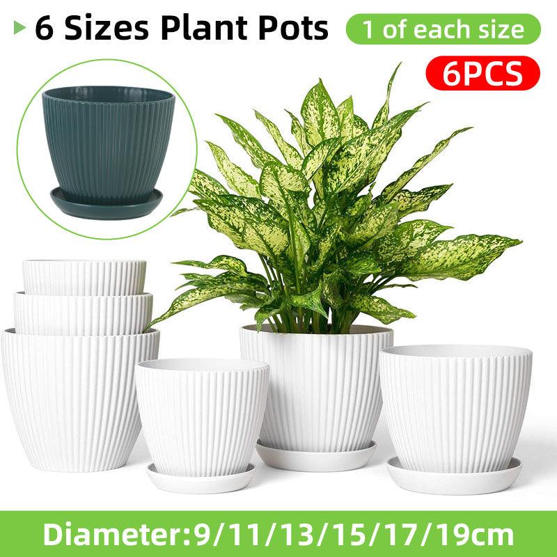 Pots, Planters & Accessories: 6PCS Simple Plastic Round Plant Pots Vertical Stripes Flower Pot Green Gardening - Green