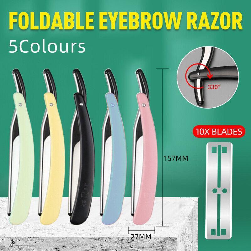 Makeup Brushes: Old Shaver Razor Eyebrow Knife Folding Manual Shaver Holder Home Salon Tool Au - Yellow+10PCS Blades