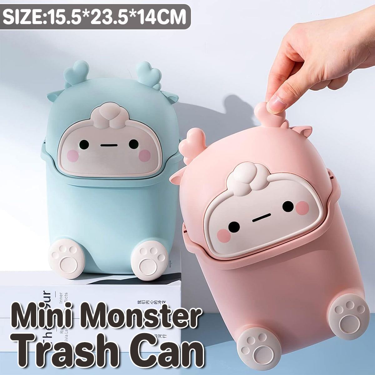 Pedal Bins: Mini Monster Trash Can Desktop Flip Top Garbage Bin Small Plastic Waste Basket - Light Blue