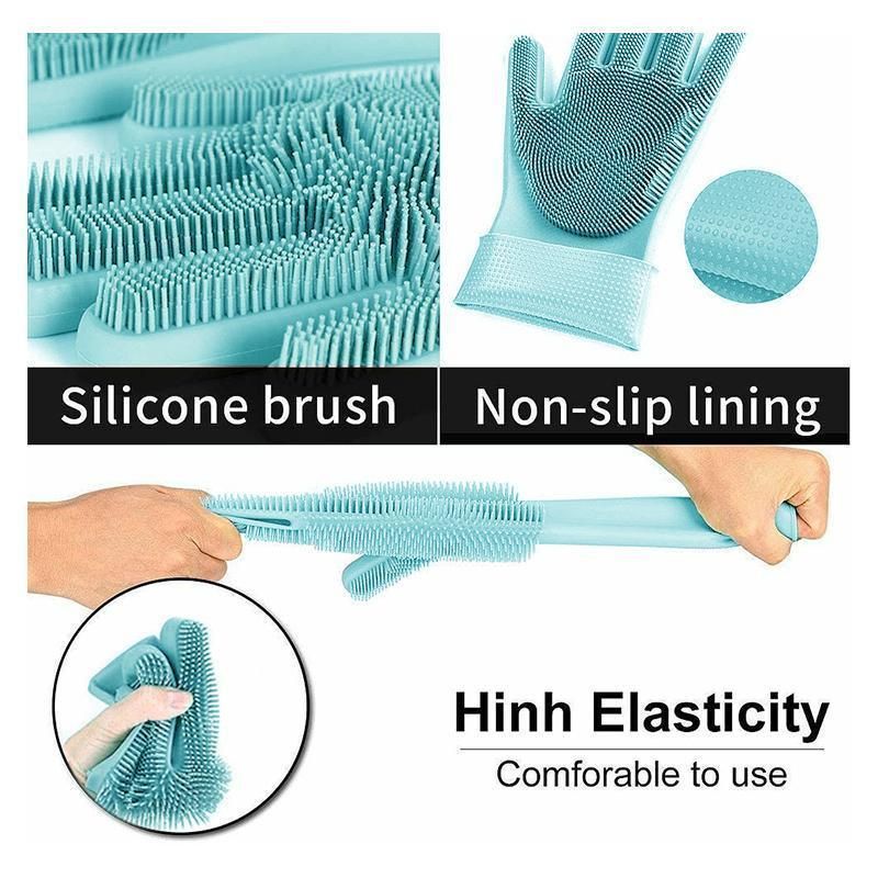 Silicone Dishwashing Gloves with Scrubber Palms, Blue, 1 Pair (2 Pcs)