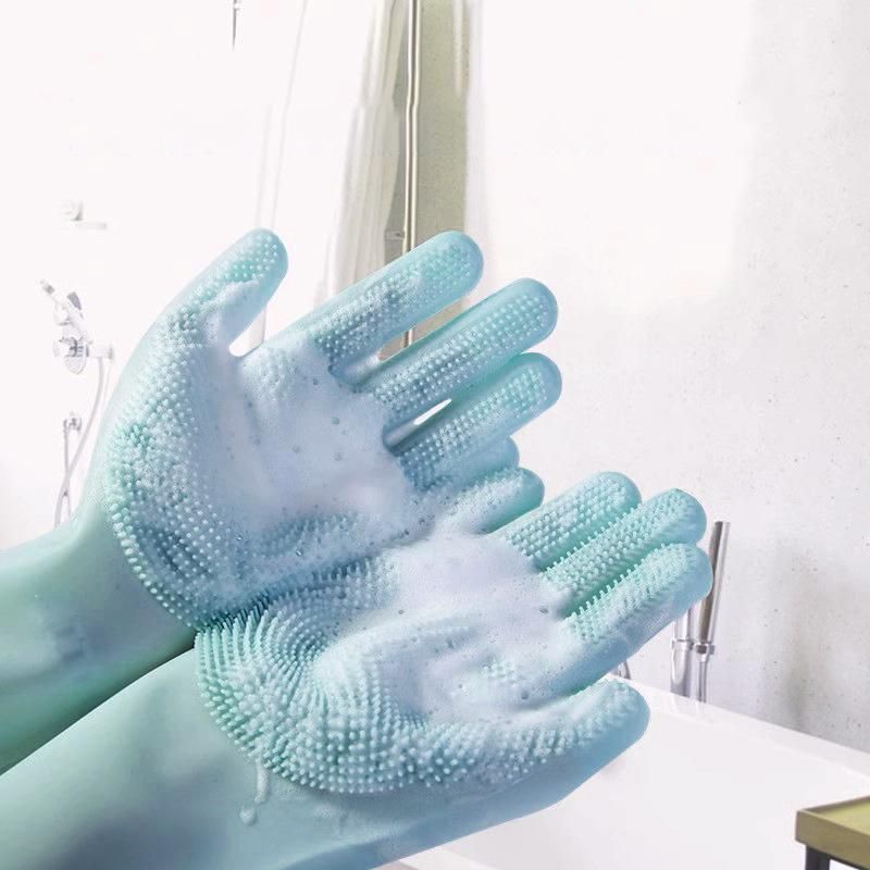 Silicone Dishwashing Gloves with Scrubber Palms, Blue, 1 Pair (2 Pcs)