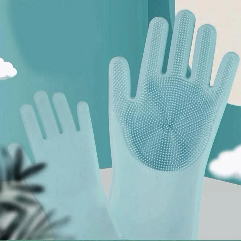 Silicone Dishwashing Gloves with Scrubber Palms, Blue, 1 Pair (2 Pcs)