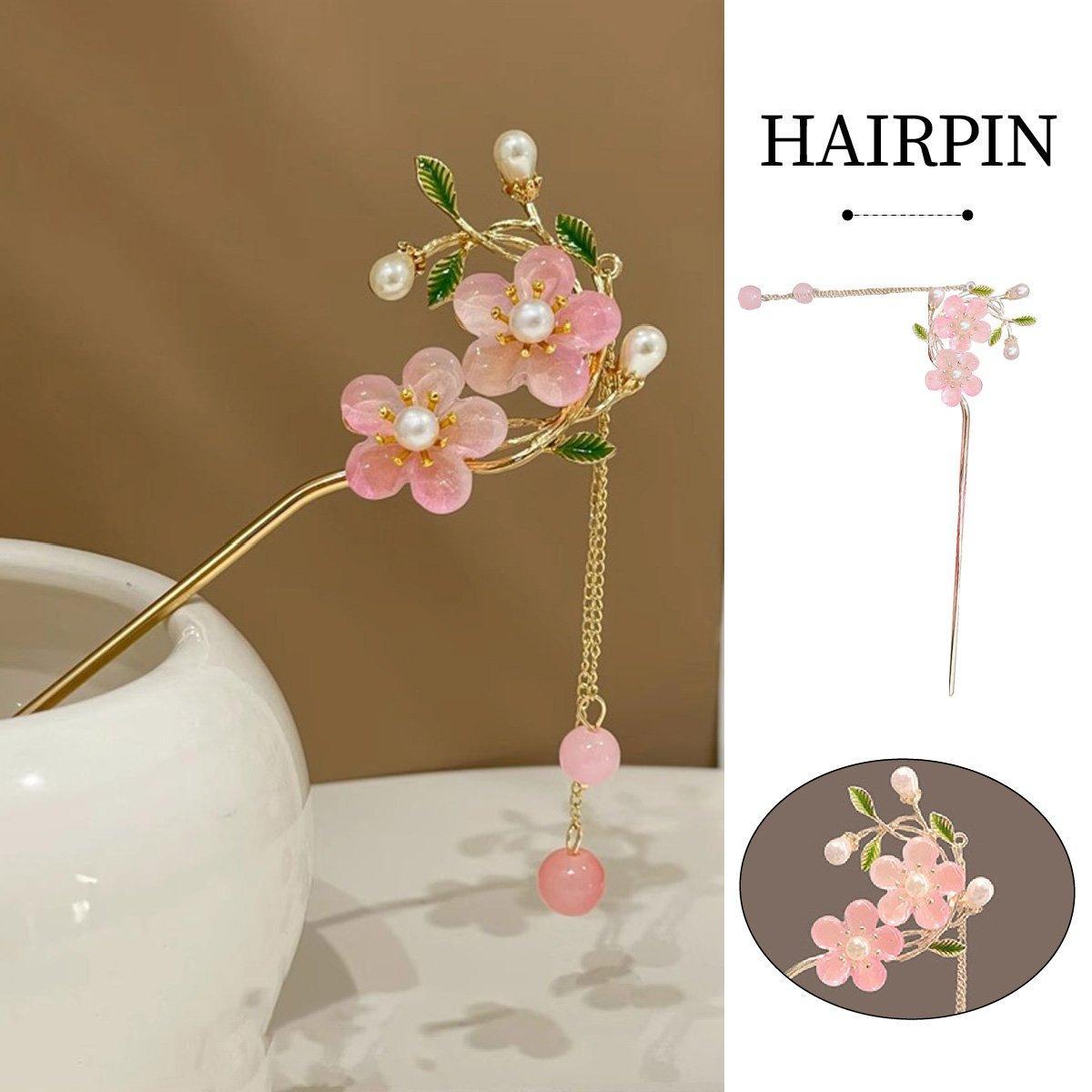 Women's Accessories: Chinese Style Pink Double Flower Fringe Hairpin Hanfu Headdress for Women