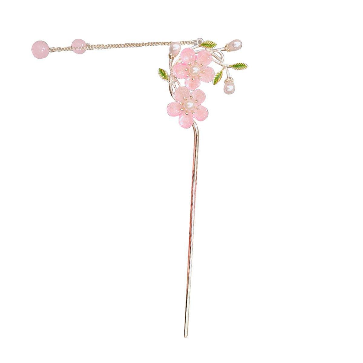 Women's Accessories: Chinese Style Pink Double Flower Fringe Hairpin Hanfu Headdress for Women