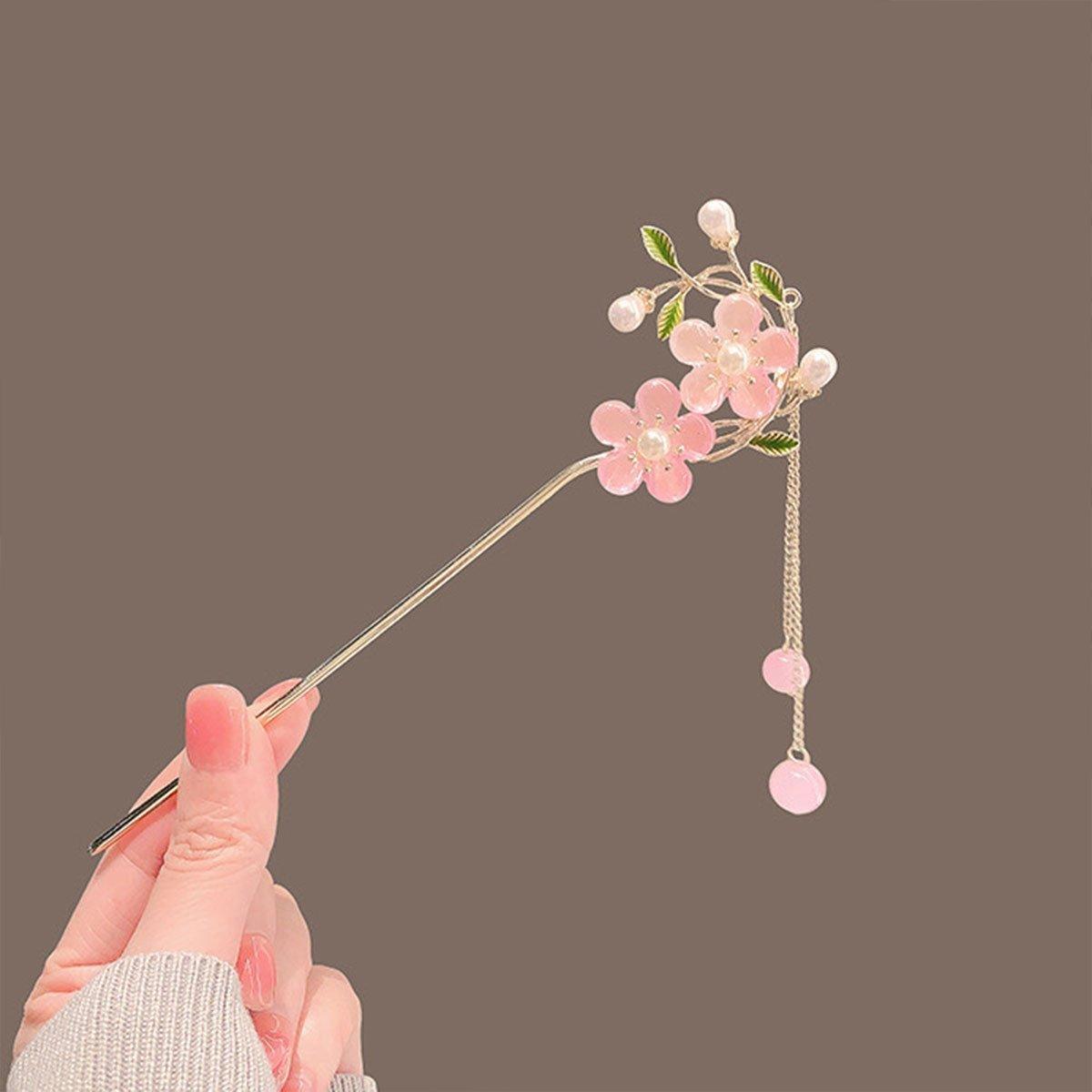 Women's Accessories: Chinese Style Pink Double Flower Fringe Hairpin Hanfu Headdress for Women