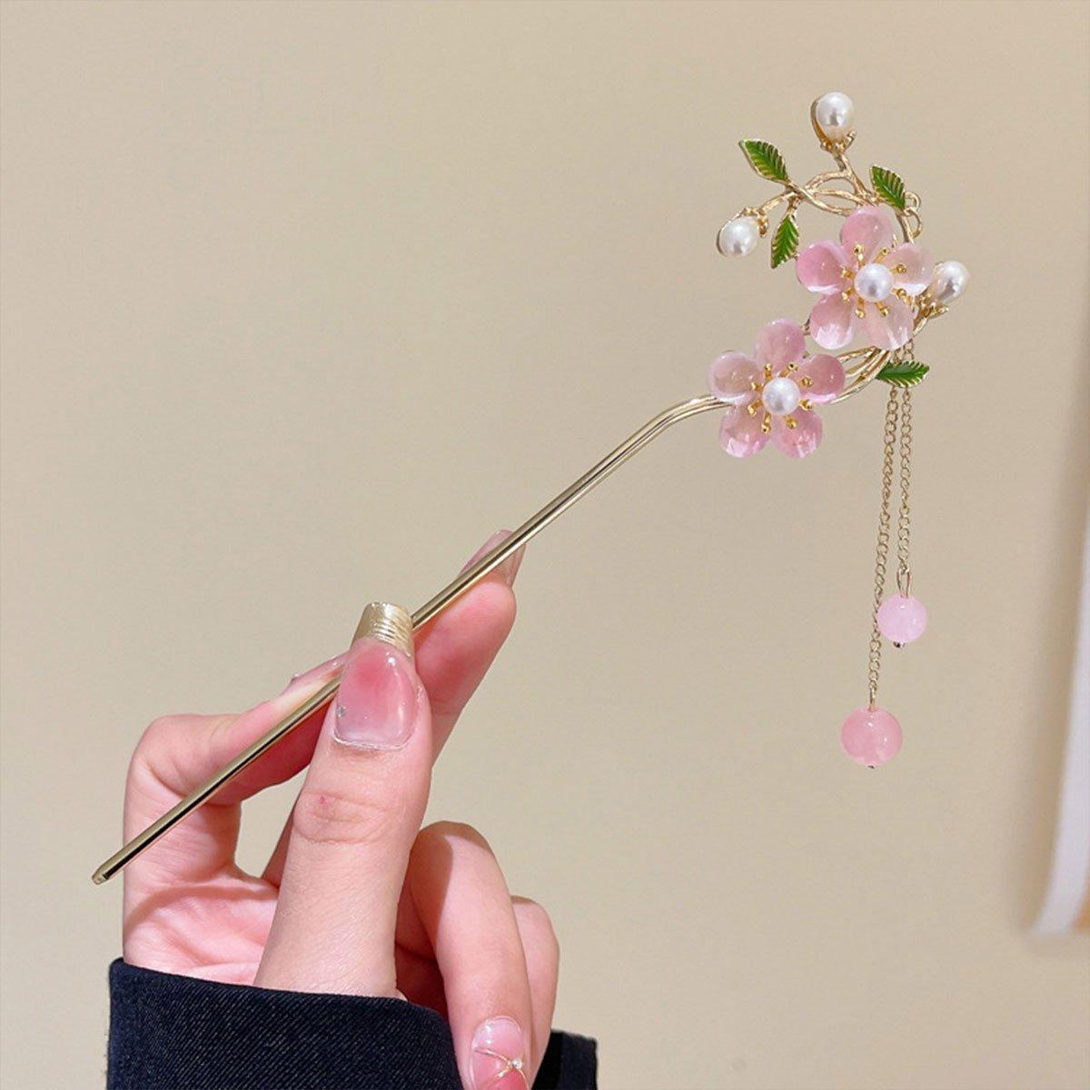 Women's Accessories: Chinese Style Pink Double Flower Fringe Hairpin Hanfu Headdress for Women