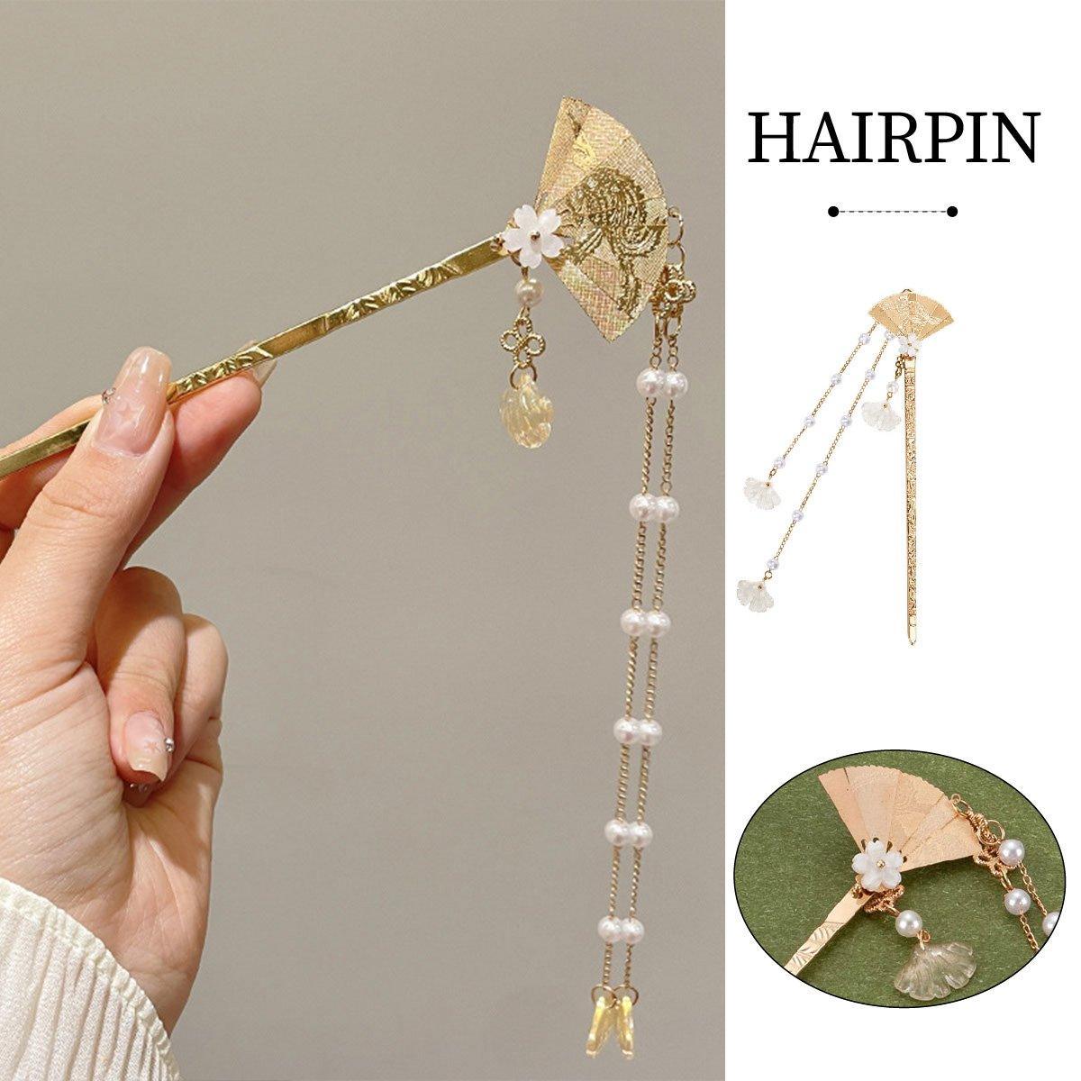 Women's Accessories: Chinese Style Hanfu Hairpin Folding Fan Fringe Headdress Accessories