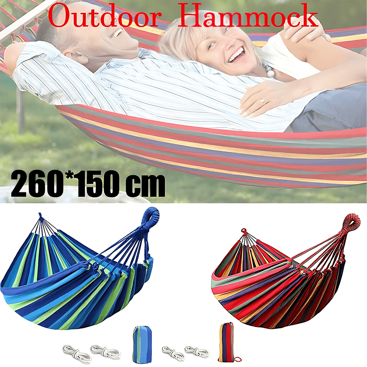 Hammocks & Accessories: Double Outdoor Hammock 260x150cm with Straps for Camping Hanging Tree Bed - Red