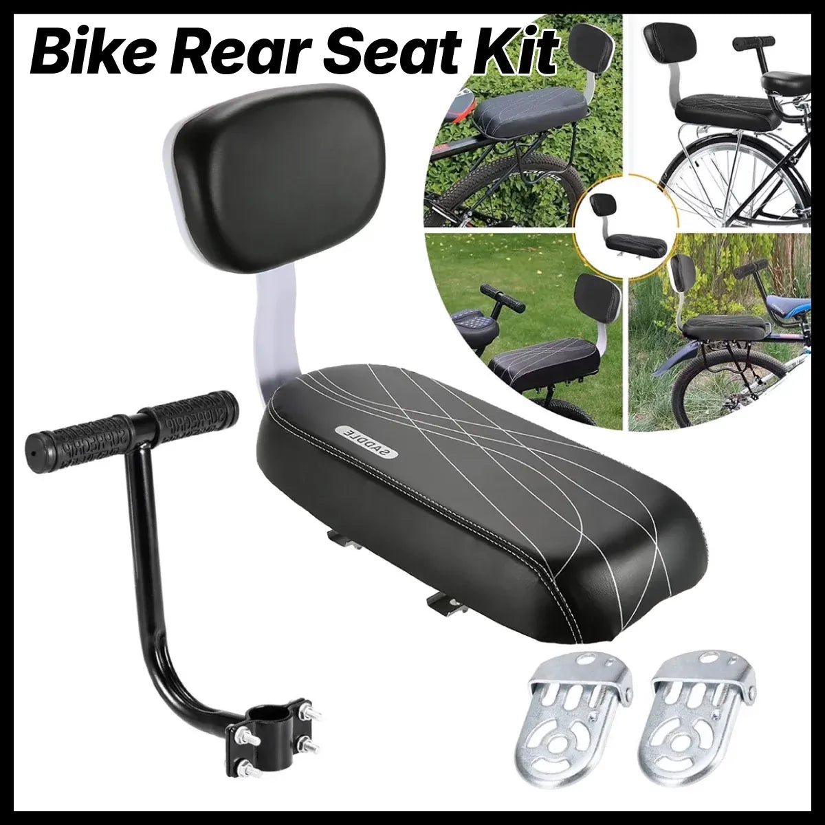Bike Rear Seat Kit Set Carrier Cushion Backrest Footrest Safe for Bicycle Use