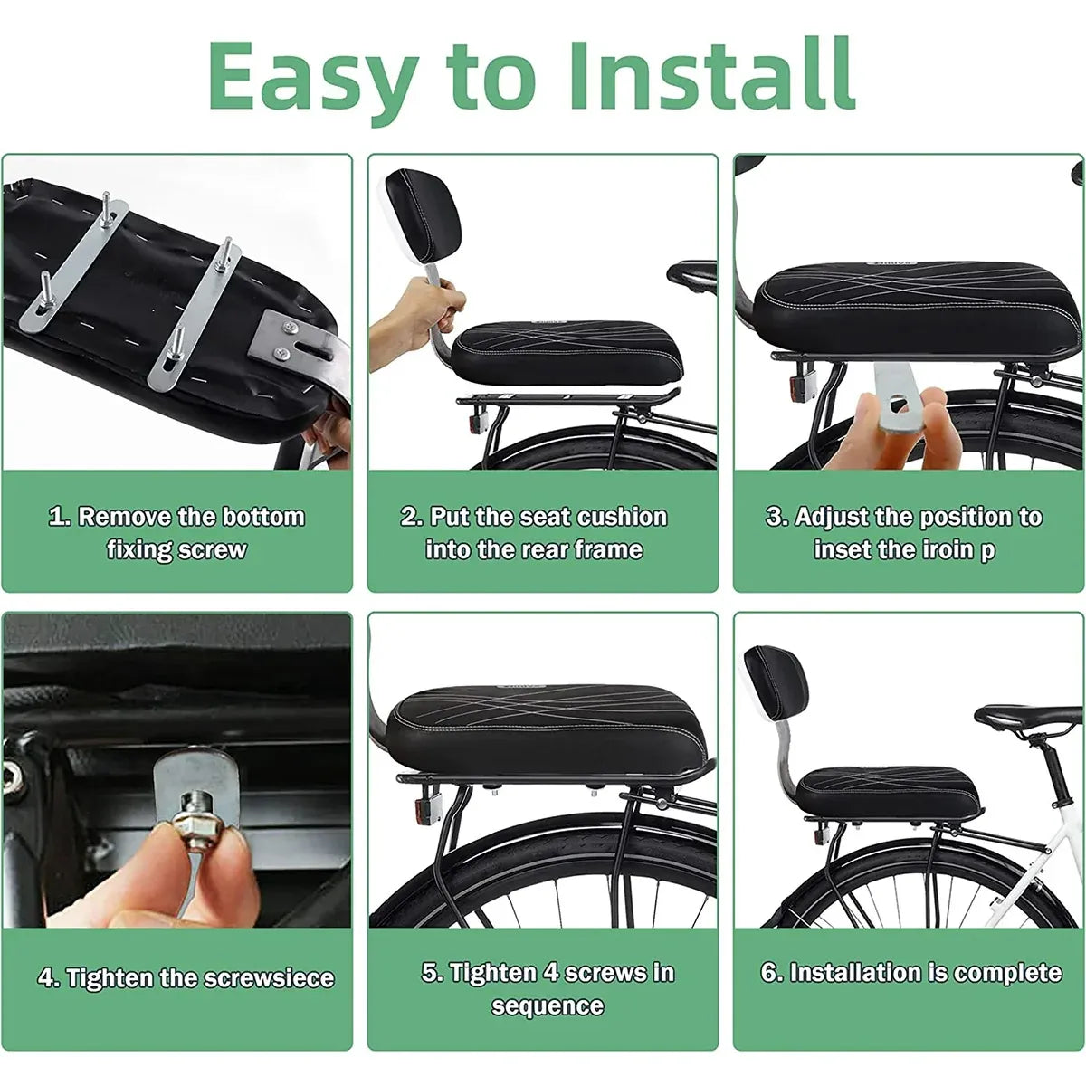 Bike Rear Seat Kit Set Carrier Cushion Backrest Footrest Safe for Bicycle Use