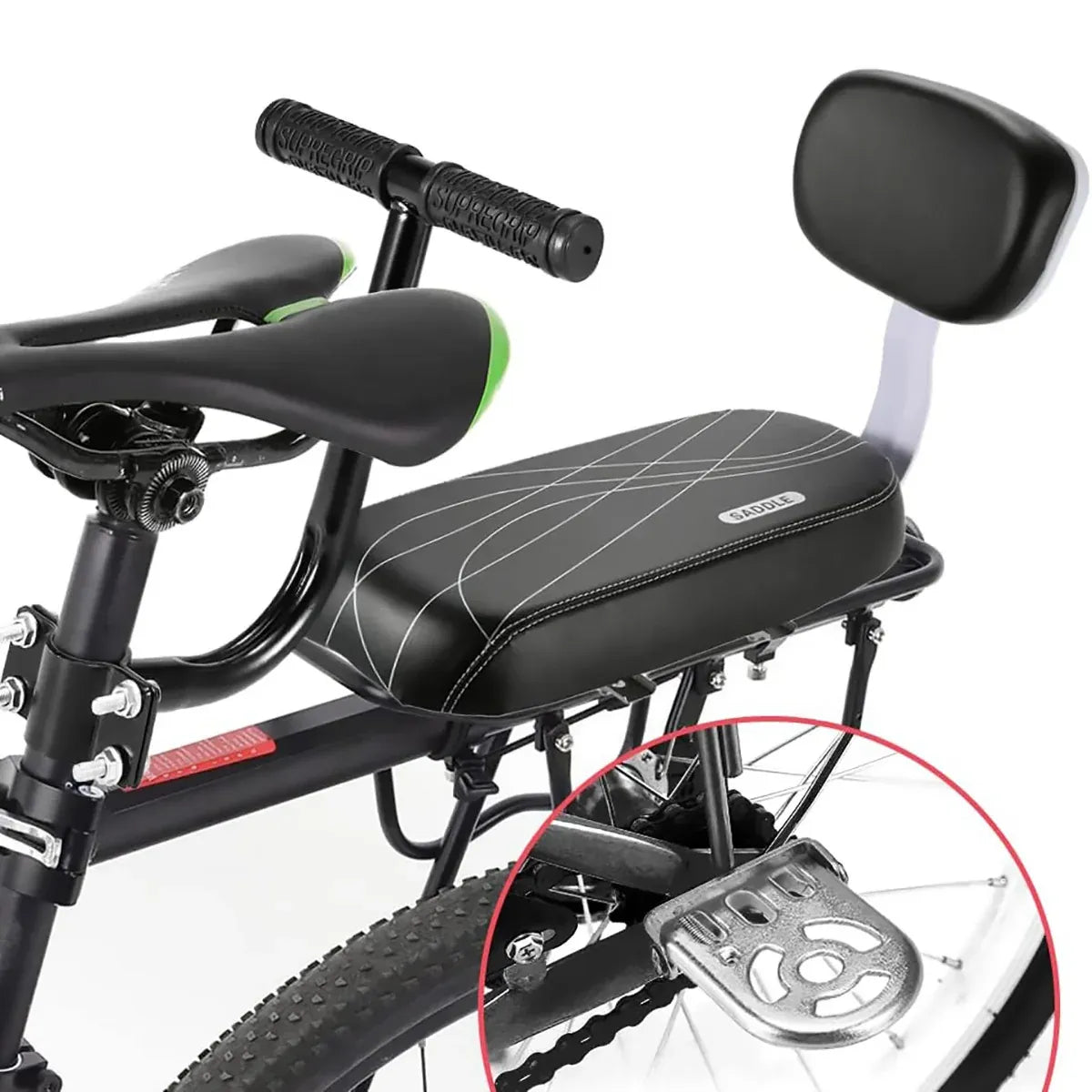 Bike Rear Seat Kit Set Carrier Cushion Backrest Footrest Safe for Bicycle Use