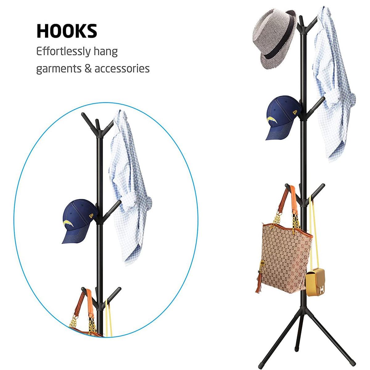 Clothing & Wardrobe Storage: 6Hooks Coat Stand Rack Clothes Hanger Hat Tree Jacket Umbrella Storage Organizer - Black