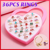 36PCS Adjustable Cute Cartoon Rings Set for Girls Gift in Heart Box