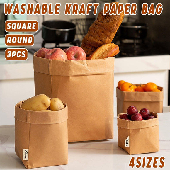 3pcs Washable Kraft Paper Storage Bag for Kitchen Desktop Refrigerator Organizer - S-Square