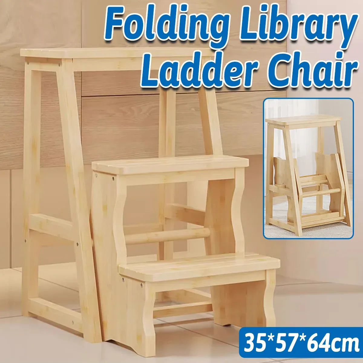 Folding Library Ladder Chair 3 Step Stool Durable for Home Kitchen Daily Use