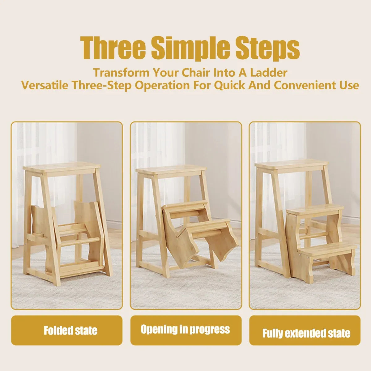Folding Library Ladder Chair 3 Step Stool Durable for Home Kitchen Daily Use