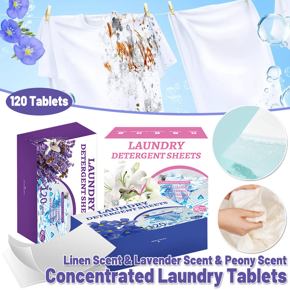 Laundry Cleaning Supplies: Laundry Tablets Set Portable Cleaning Pods Concentrated for Household Washing - Flax