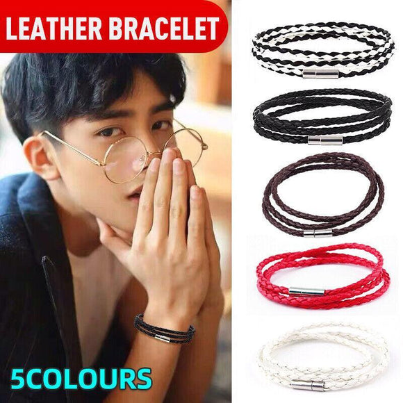 1Pc New Fashion Men Women Three Laps Pu Leather Bracelet Wristband Bangle Punk - Red