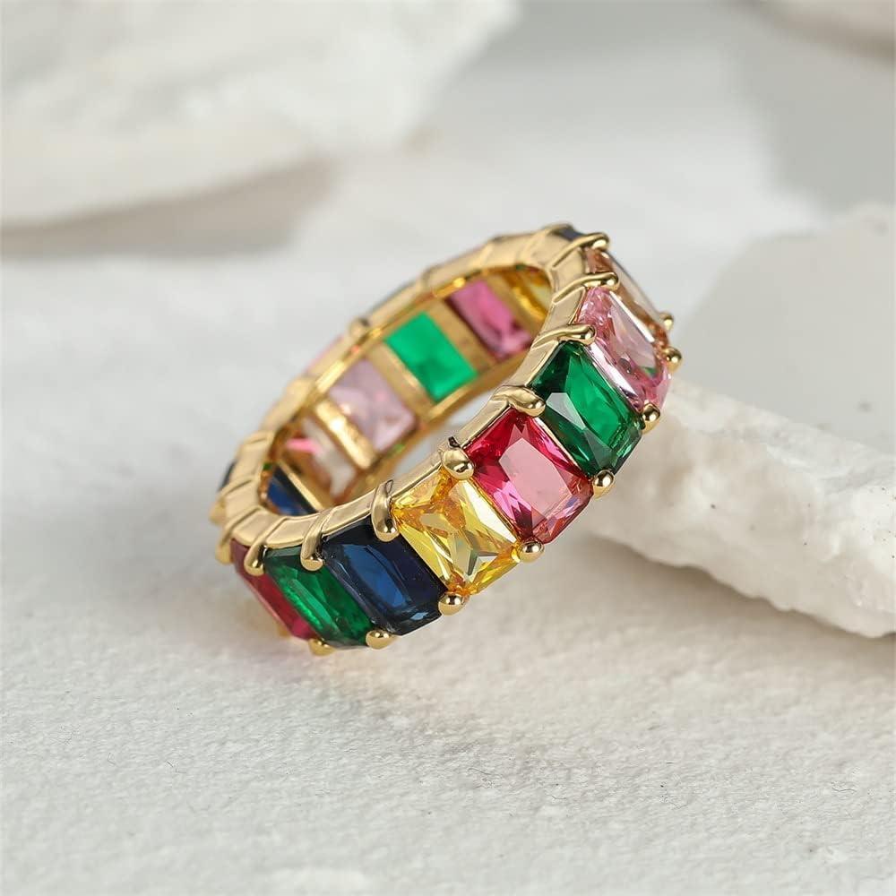 Men's Jewellery: Rainbow Zircon Gemstone Ring Women's Stainless Steel Colourful Ring Size 6-10 - Gold-Multicolor-10
