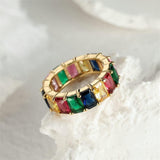 Men's Jewellery: Rainbow Zircon Gemstone Ring Women's Stainless Steel Colourful Ring Size 6-10 - Gold-Multicolor-8