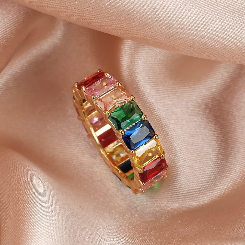 Men's Jewellery: Rainbow Zircon Gemstone Ring Women's Stainless Steel Colourful Ring Size 6-10 - Gold-Multicolor-9