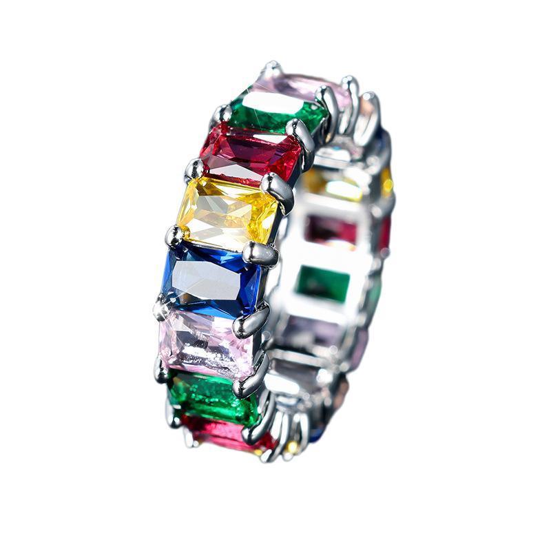 Men's Jewellery: Rainbow Zircon Gemstone Ring Women's Stainless Steel Colourful Ring Size 6-10 - Gold-Multicolor-9