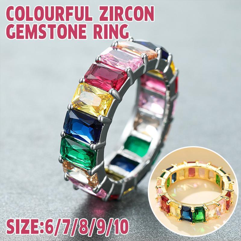 Men's Jewellery: Rainbow Zircon Gemstone Ring Women's Stainless Steel Colourful Ring Size 6-10 - Silver-Multicolor-10