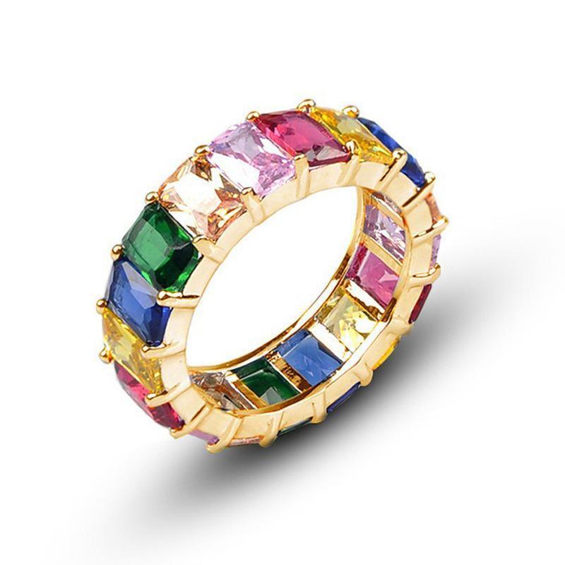 Men's Jewellery: Rainbow Zircon Gemstone Ring Women's Stainless Steel Colourful Ring Size 6-10 - Silver-Multicolor-10