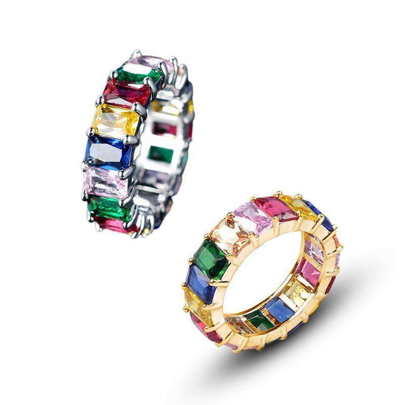Men's Jewellery: Rainbow Zircon Gemstone Ring Women's Stainless Steel Colourful Ring Size 6-10 - Silver-Multicolor-9