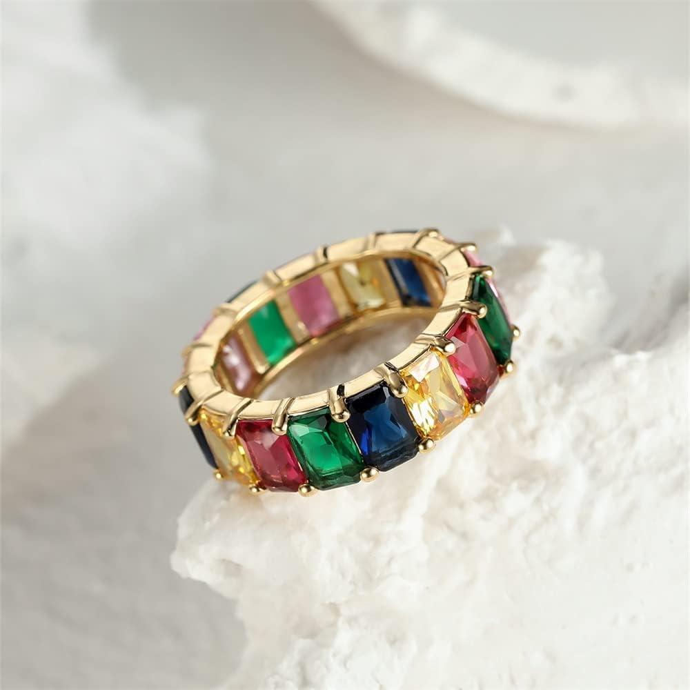 Men's Jewellery: Rainbow Zircon Gemstone Ring Women's Stainless Steel Colourful Ring Size 6-10 - Silver-Multicolor-9