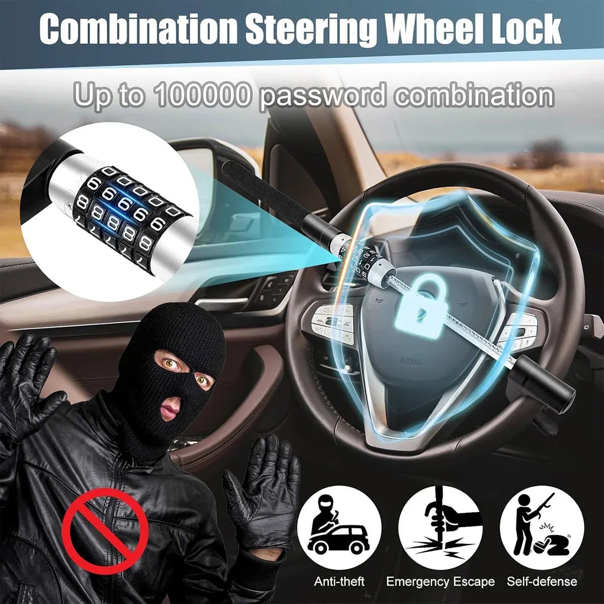 Car Steering Wheel Lock Anti Theft Security Code Lock for Vehicle Protection Use - Red