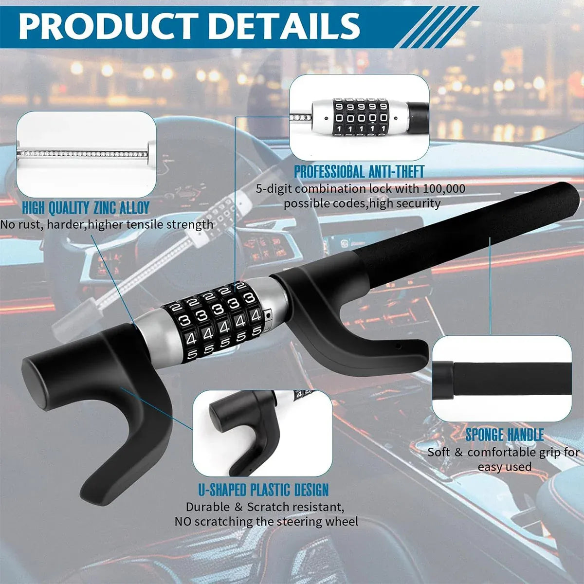 Car Steering Wheel Lock Anti Theft Security Code Lock for Vehicle Protection Use - Red