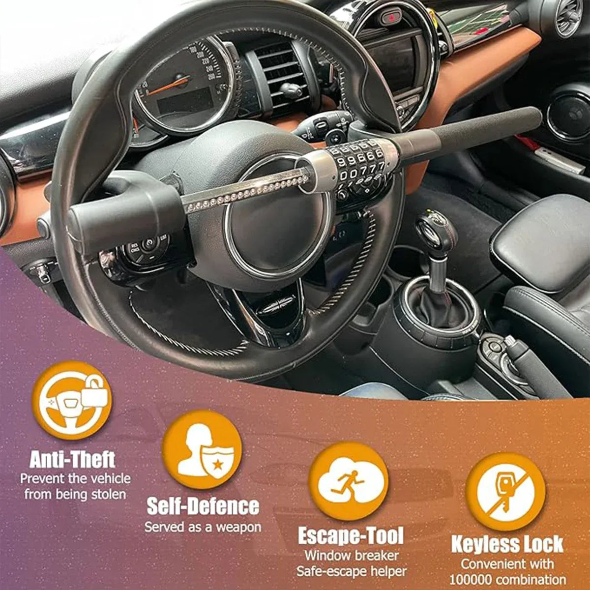 Car Steering Wheel Lock Anti Theft Security Code Lock for Vehicle Protection Use - Black