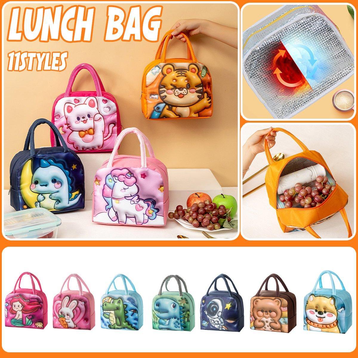 Kid's Lunch Boxes & Bags: Cute 3D Cartoon Insulated Lunch Bag Oxford Fabric Bento Tote for School Use - Navy Blue Dinosaur