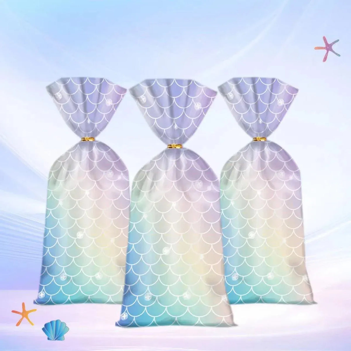 Mermaid Party Favour Bags 150 Pack with Gold Twist Ties 27.5 x 13 cm