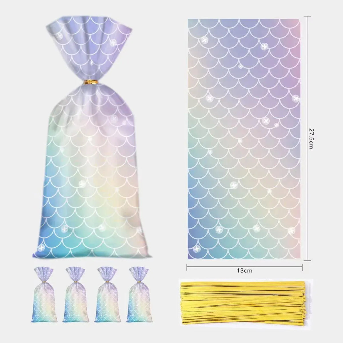 Mermaid Party Favour Bags 150 Pack with Gold Twist Ties 27.5 x 13 cm