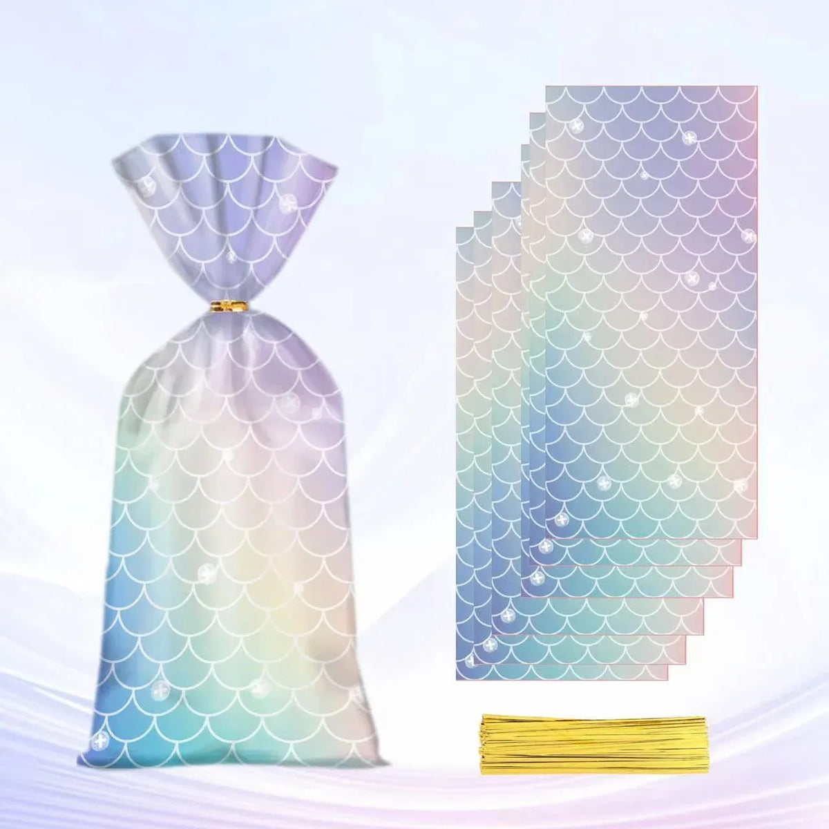 Mermaid Party Favour Bags 150 Pack with Gold Twist Ties 27.5 x 13 cm