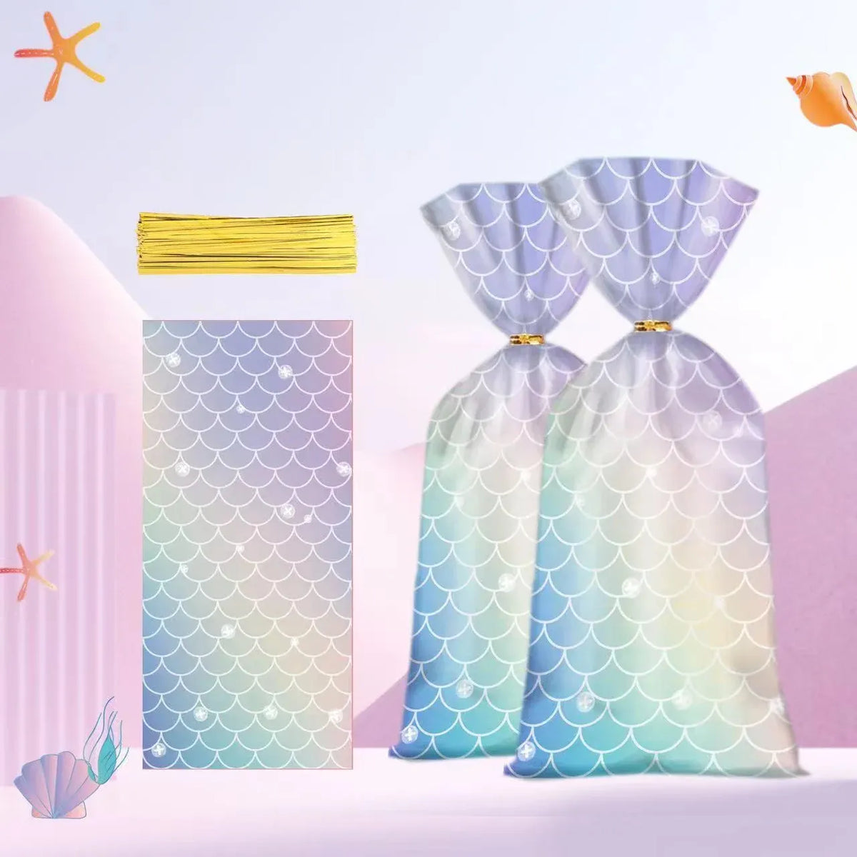 Mermaid Party Favour Bags 150 Pack with Gold Twist Ties 27.5 x 13 cm