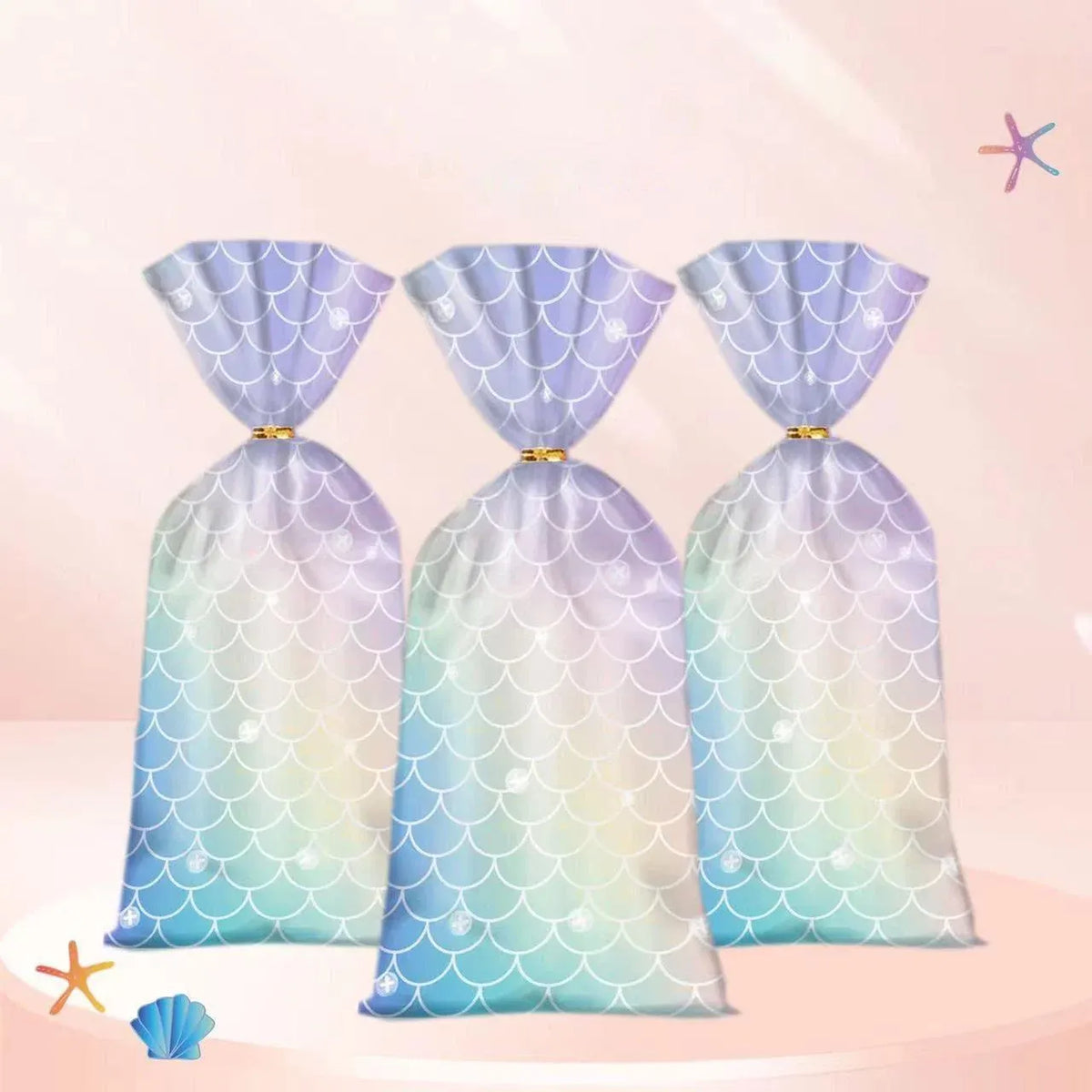 Mermaid Party Favour Bags 150 Pack with Gold Twist Ties 27.5 x 13 cm