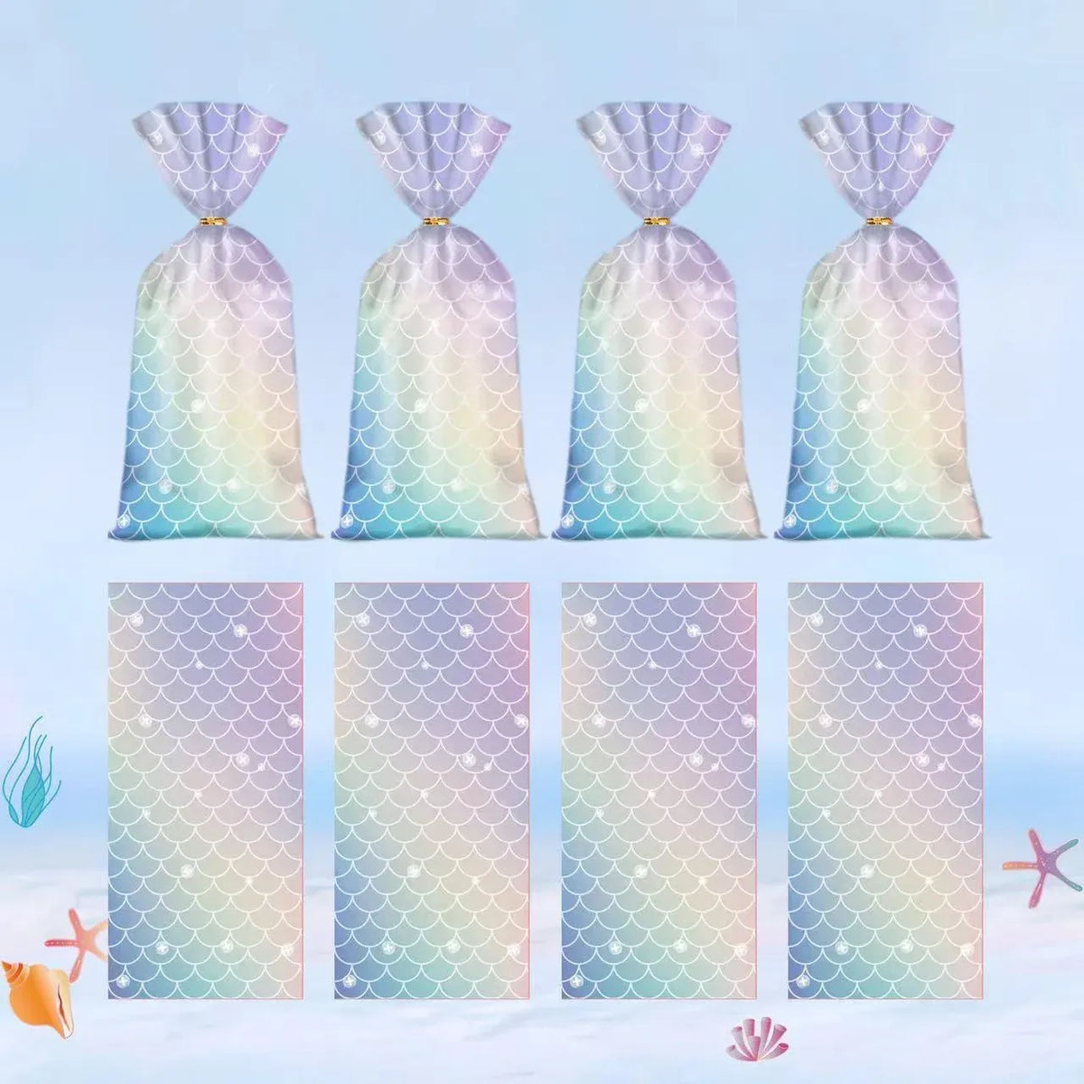 Mermaid Party Favour Bags 150 Pack with Gold Twist Ties 27.5 x 13 cm