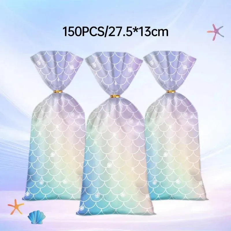 Mermaid Party Favour Bags 150 Pack with Gold Twist Ties 27.5 x 13 cm