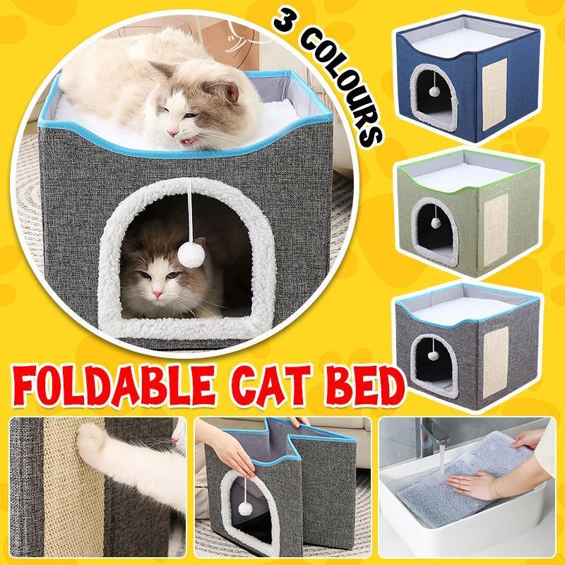 Dog Beds: Foldable Pet Cat Calming Bed Hideaway Interactive House Nest Scratching Board - Dark Grey