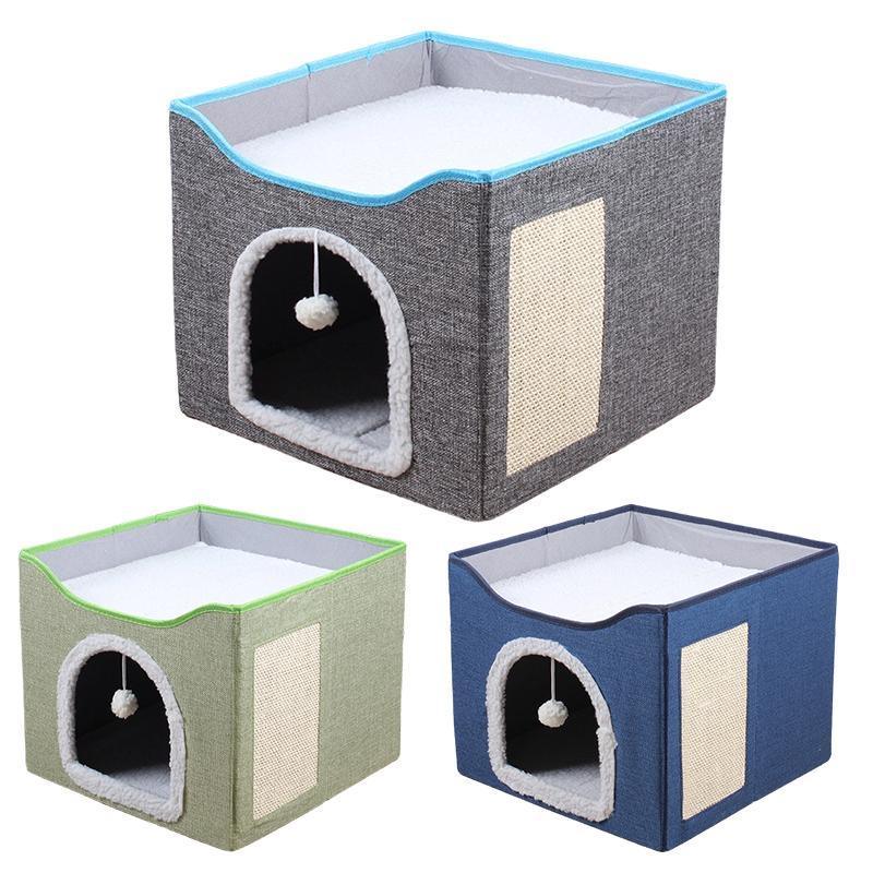 Dog Beds: Foldable Pet Cat Calming Bed Hideaway Interactive House Nest Scratching Board - Dark Grey