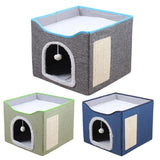 Dog Beds: Foldable Pet Cat Calming Bed Hideaway Interactive House Nest Scratching Board - Dark Grey